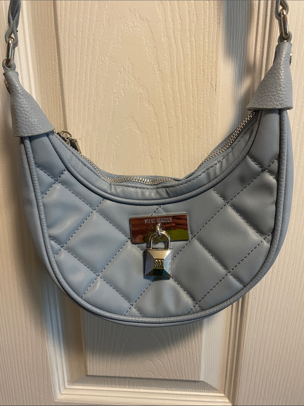 Steve Madden Powder Blue Quilted Crescent Shoulder Bag with Padlock